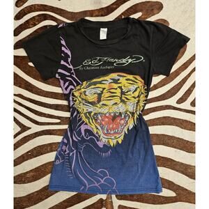 Women’s Ed Hardy Vintage Y2K Shirt Short Sleeve Rhinestone Bedazzled Tiger M